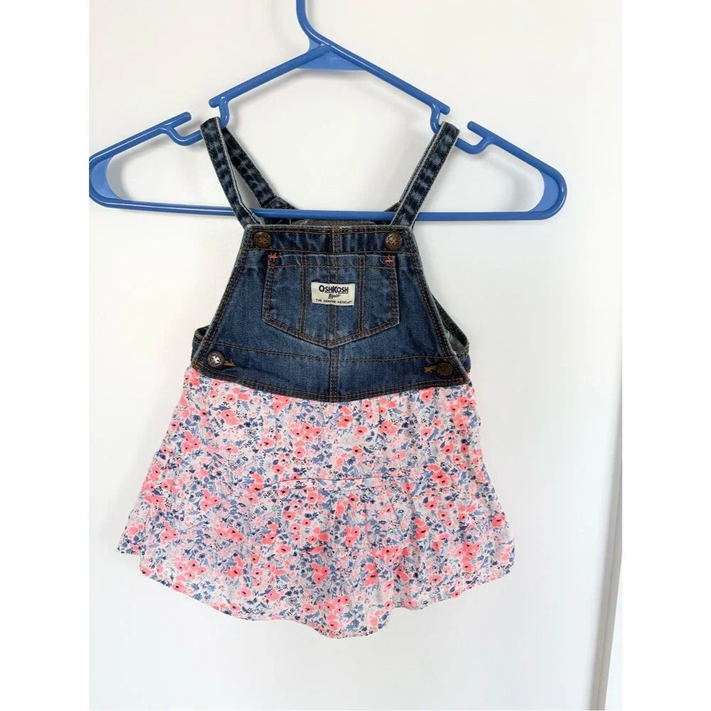 OshKosh B’gosh Toddler Denim Floral Overall Dress Ruffle Skirt Blue Pink- 24M